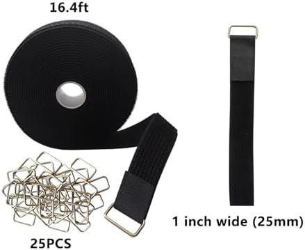 1" x16ft Hook and Loop Straps with 25 Metal Buckles, Reusable Cinch Straps,Adjustable Multi-Purpose Cable Straps 1 inch Wide, Reusable Nylon Securing Cord Ties for Organizer or Storage (Black)