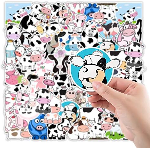 100 PCS Cow Stickers Waterproof PVC Vinyl Animal Decorative for Water Bottle Stickers Waterproof Vinyl Hydroflask Phone Skateboard Laptop Notebooks Stickers Gift to Friends Famils (Cow)