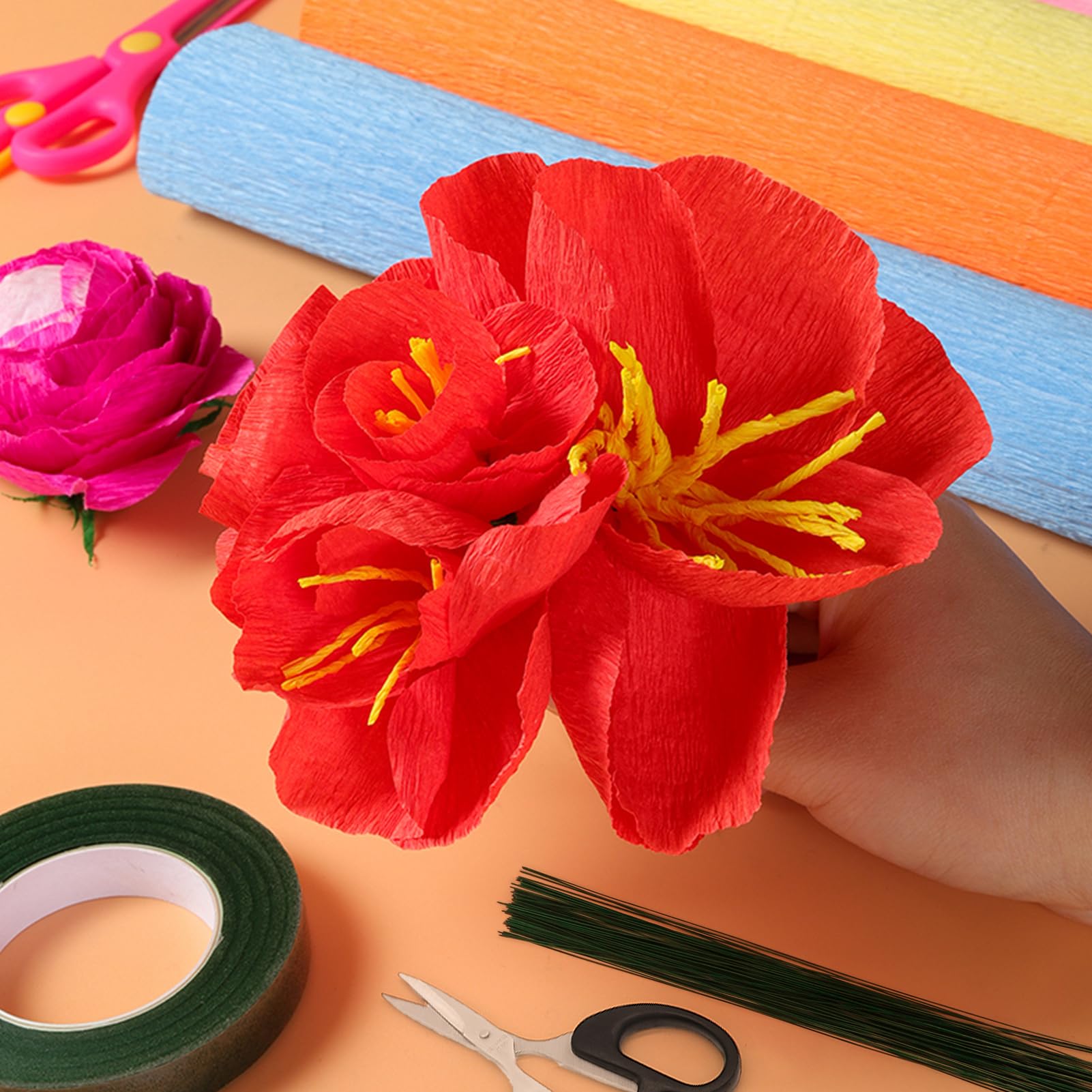 14 Colors Crepe Paper Rolls, 9.8 x 98 Inch Wide Crepe Paper Sheets with 100 Pcs Green Floral Iron Wire, Floral Band, Double-Sided Tape, and Scissors for Birthday Parties Weddings Festival Decoration