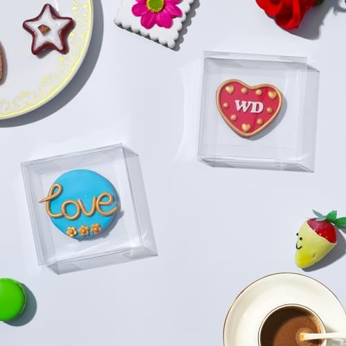100 Pack 4x4x1.2inch Clear Single Cookies Boxes Small Bakery Boxes Macaron Boxes Brownie Boxes Pastry Boxes for Easter Mother's Father's Christmas Birthday Day, LQSINC100
