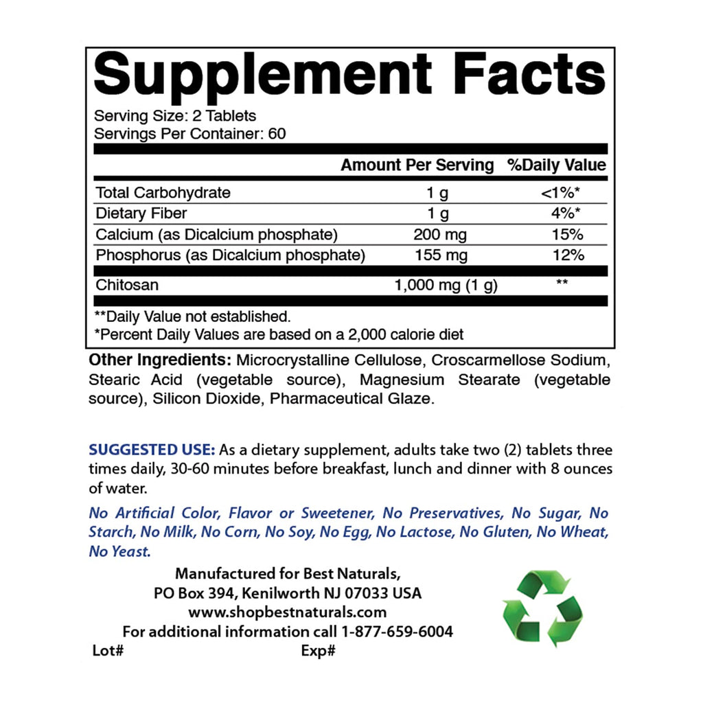 #1 Chitosan 500mg 120 Tablets by Best Naturals - Supports fat absorbing action - Manufactured in a USA Based GMP Certified Facility and Third Party Tested for Purity. Guaranteed!! pack of 2