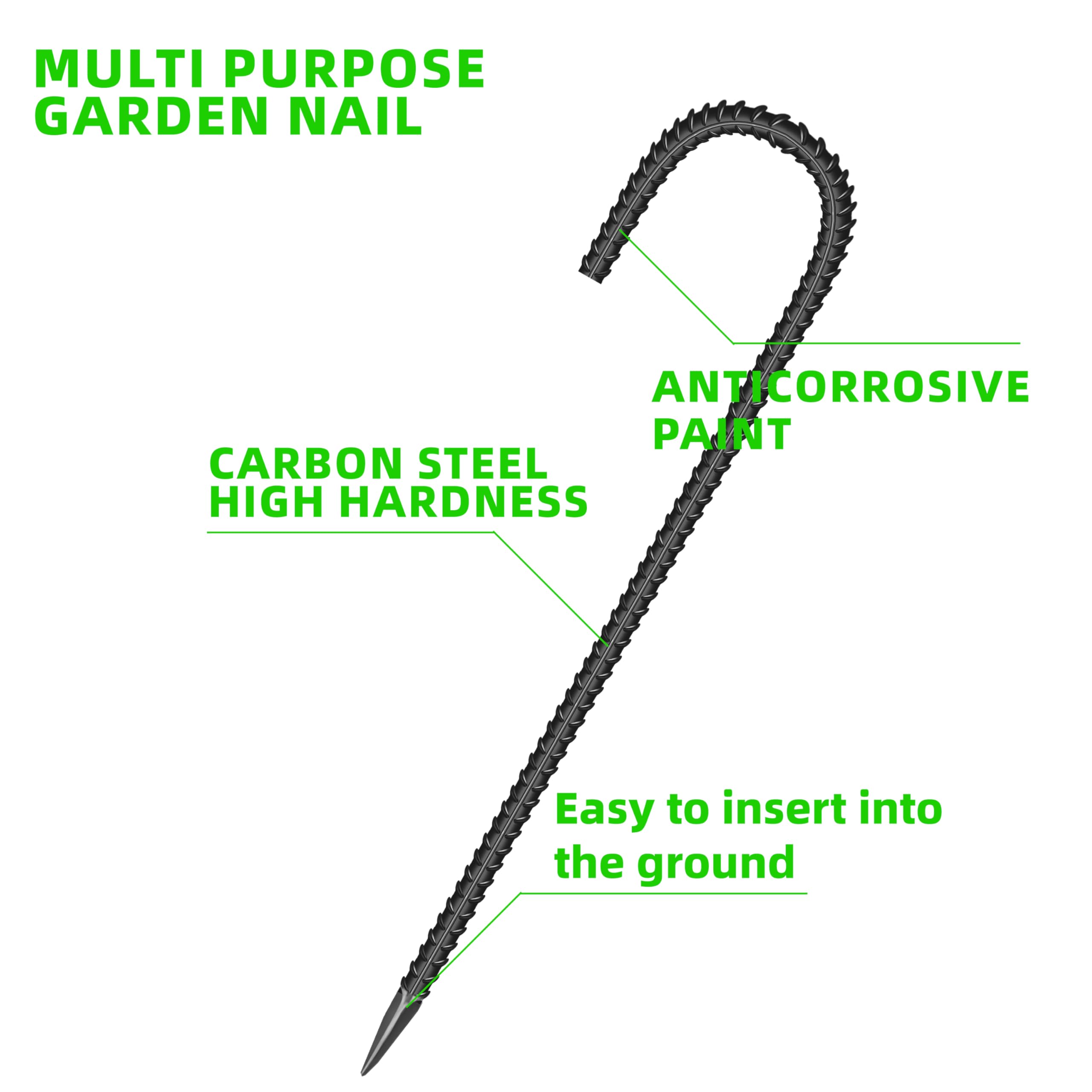 10 Pieces 16-Inch Garden Ground Stakes Galvanized Steel J Shape Hook Rebar Stake - Heavy DutyAnchors for Tents, Position Kits,Fences, and Trampolines