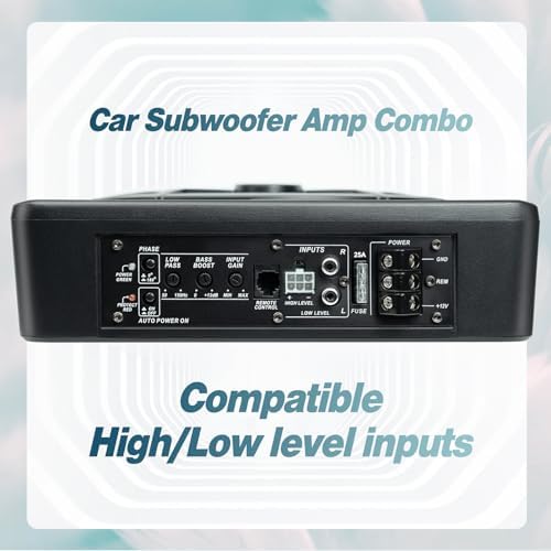 10" Upgrade 800W Slim Under Seat Powered Car Subwoofer, Car/Truck Audio Sub Built in Amplifier amp Combo Package, with Blue LED Light (Subwoofer+Installation Wire Kit)