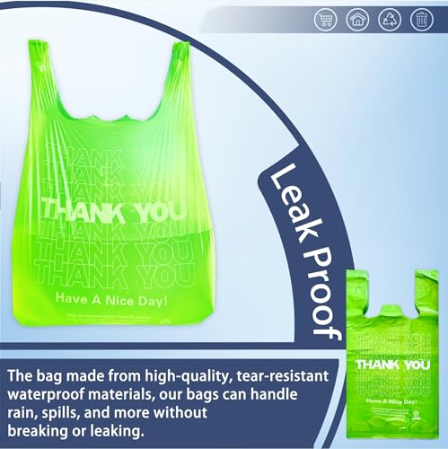 1000PACK Green Thank you bags, T shirt bags, Plastic Bags with Handles, Grocery shopping bag Reusable and Disposable Supermarket Bag 11.5''x6.25''x21'' (Green),Medium