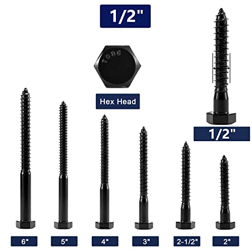 1/2" x 2" Hex Head Lag Screws Bolts 20Pcs 304 Stainless Steel 18-8, Partial Thread, Hexagon Head Wood Screws by Black Oxide by SG TZH