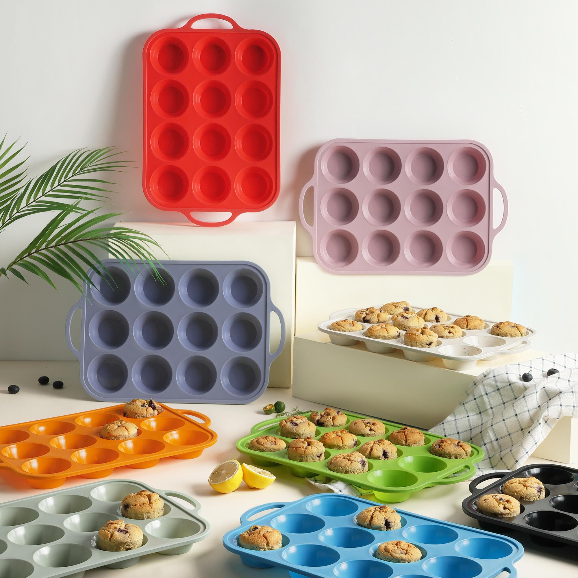 12 Cups Silicone Muffin Pan with Metal Reinforced Frame Regular Size Cupcake Pan Tray Egg Bites Silicone Cookie Molds Muffin Tin Best Baking Pans Tart Pan Sheet Set Reusable Cupcake Liners