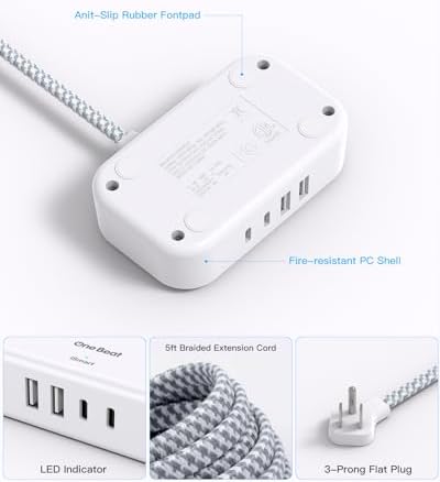 1 Pack Cruise Essentials, 5 Ft Flat Extension Cord, 3 Outlets 4 USB Ports(2 USB C) Flat Plug Power Strip, USB Charging Station with Non Surge Protector for Cruise Ship, Travel, Dorm Room Essentials
