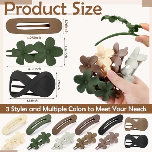 12 Pcs Flat Hair Clips for Women, Lay Flat Claw Clips Flower Hair Clips for Women French Concord Flat Hair Clips, 3 Styles Matte Hair Clips for Thin Thick Hair