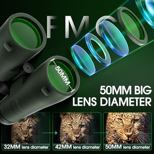 12x50 HD Binoculars for Adults High Power Binoculars IPX7 Waterproof Fogproof for Hunting, Bird Watching, Cruise Ship, Travel and Safari Green