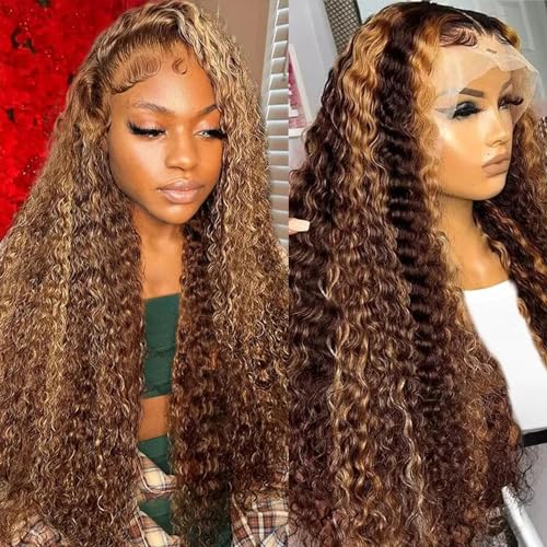 13x6 Deep Wave Lace Front Wigs Human Hair Pre Plucked #4/27 Highlight Ombre Colored Glueless Wigs Water Wave Honey Blonde Curly Lace Frontal Wigs Human Hair for Women with Baby Hair 22 Inch