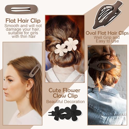 10 Pcs Flat Hair Clips for Women, 3 Styles French Flat Hair Clips Lay Flat Claw Clips Flower Flat Hair Clips, Non-slip Matte Hair Clips for Thin Thick Hair