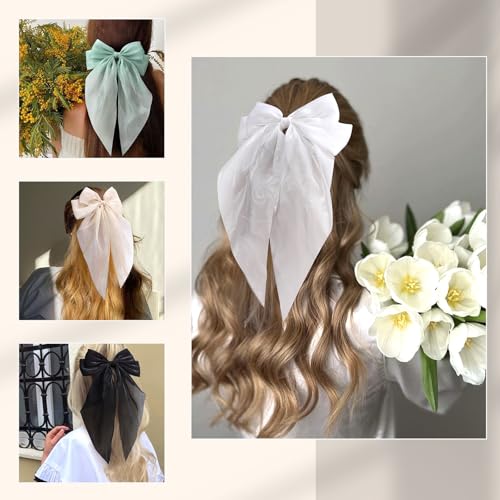 10 PCS Big Hair Bows for Women Girls,TOKUFAGU Large Hair Ribbon Bow Barrette Clips for Girls,Hair Bows with Long Tail Vintage French Hair Accessories for Women (Polished satin surface)