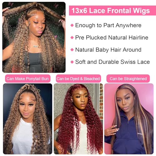 13x6 Deep Wave Lace Front Wigs Human Hair Pre Plucked #4/27 Highlight Ombre Colored Glueless Wigs Water Wave Honey Blonde Curly Lace Frontal Wigs Human Hair for Women with Baby Hair 22 Inch