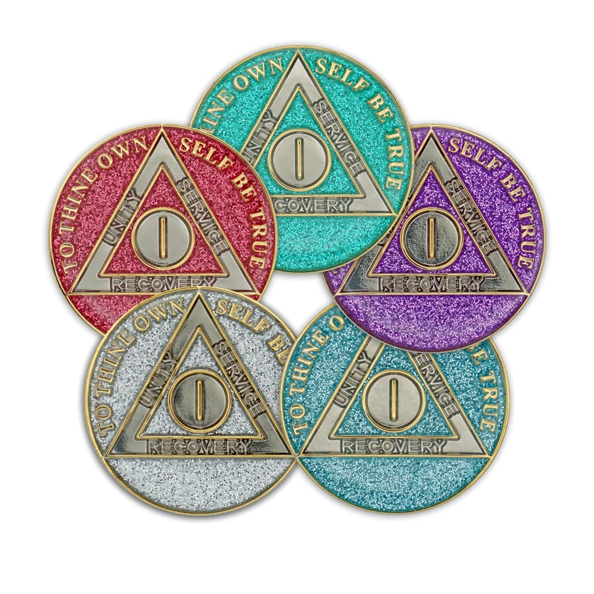 1 Year Sobriety Coin | Glitter Triplate AA Chip Recovery Anniversary Token (Pink)
