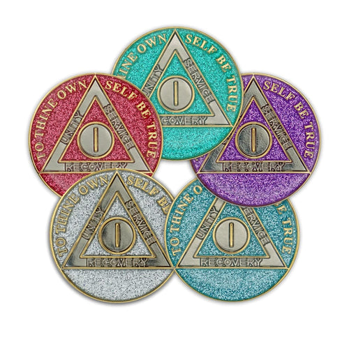 1 Year Sobriety Coin | Glitter Triplate AA Chip Recovery Anniversary Token (Pink)
