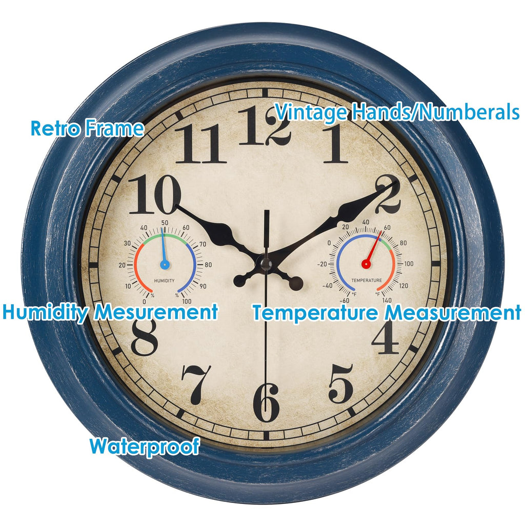 12 Inch Outdoor Clock with Thermometer and Hygrometer Combo, Waterproof Indoor Outdoor Wall Clocks for Patio, Pool, Garden, Bathroom Decor- Blue
