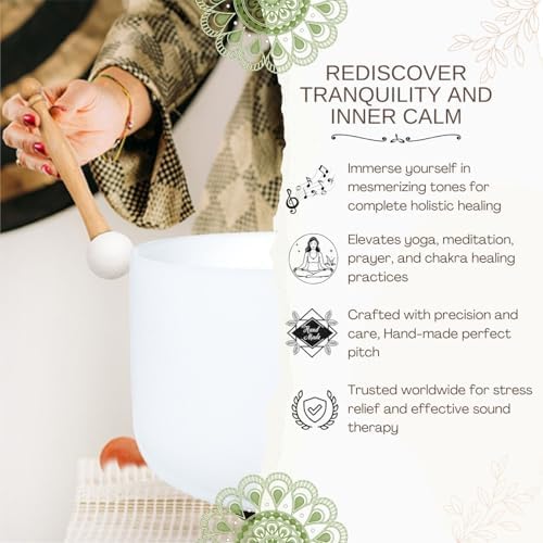 11 inch White D Note Sacral Chakra Quartz Crystal Singing Bowl, for Healing Mindfulness Meditation Yoga Sound Baths, with Rubber Mallet O-ring