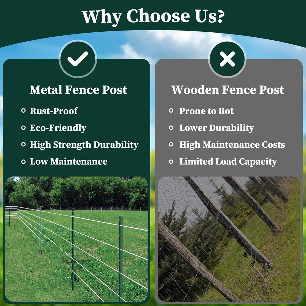 10 Pack Garden Fence Post, 5 Feet Heavy Duty Metal U-Post for Wire Fence, No Dig Garden Fence Stakes for Temporary Fencing, Electric Fence Wire, Corner Anchor, and More-Green