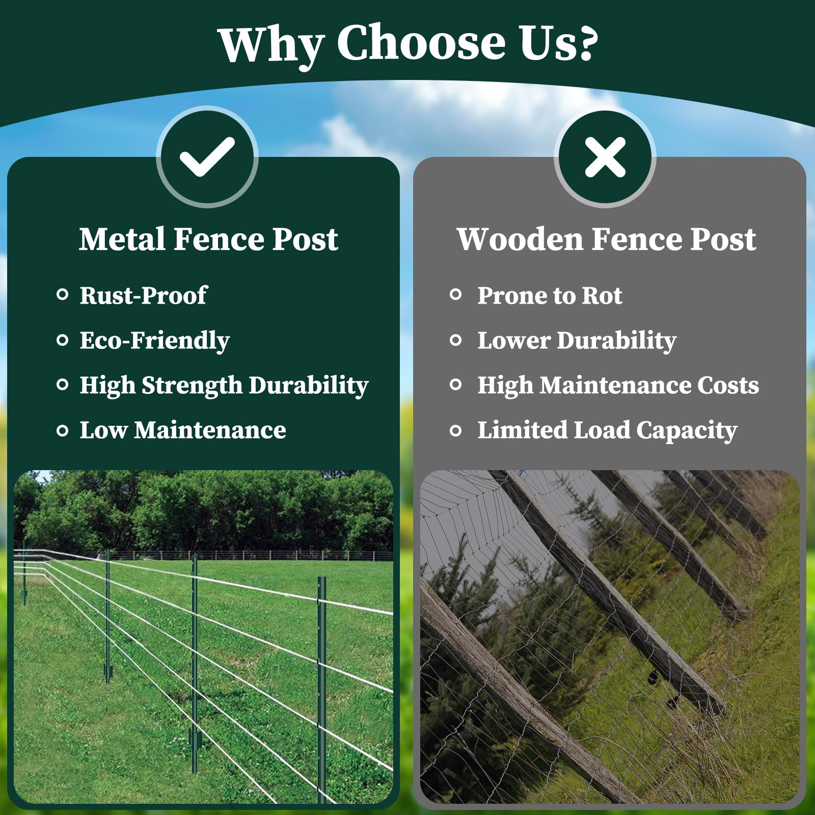 10 Pack Garden Fence Post, 5 Feet Heavy Duty Metal U-Post for Wire Fence, No Dig Garden Fence Stakes for Temporary Fencing, Electric Fence Wire, Corner Anchor, and More-Green