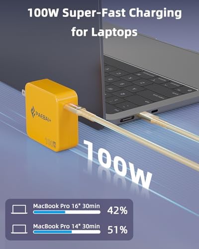 100W USB C Charger GaN Foldable Compact Wall Fast Charger for MacBook Pro MacBook Air, Dell XPS, iPhone 16 15 Series, Samsung Galaxy, iPad Pro and All USB-C Devices, 6.6ft Type C Cable