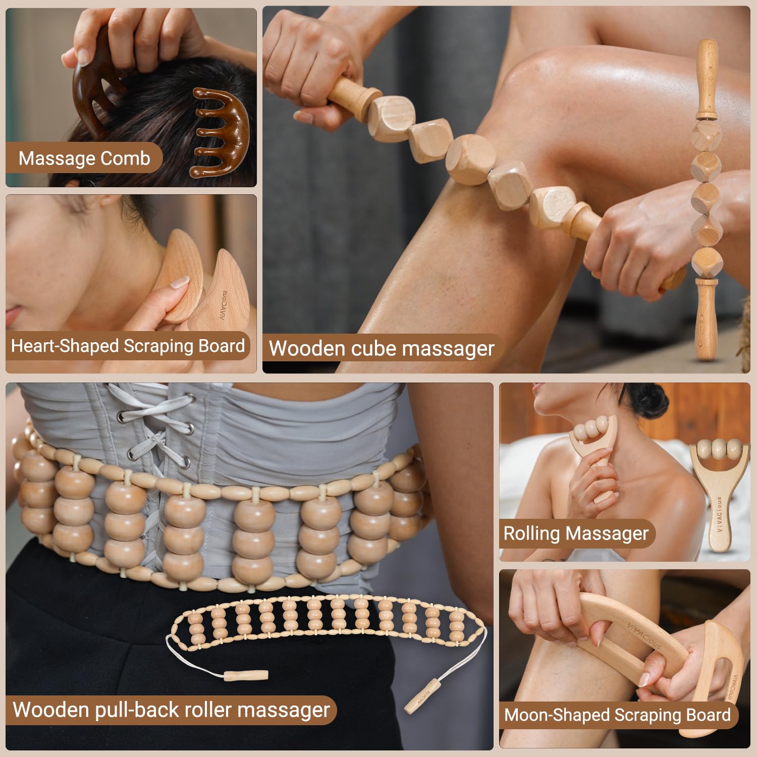 12-in-1 Wood Therapy Massage Tools Kit - Lymphatic Drainage Massager for Stomach, Thighs and HIPS | Maderoterapia Kit Professional for Muscle Pain Relief | Wooden Body Sculpting Tools | ViVACious