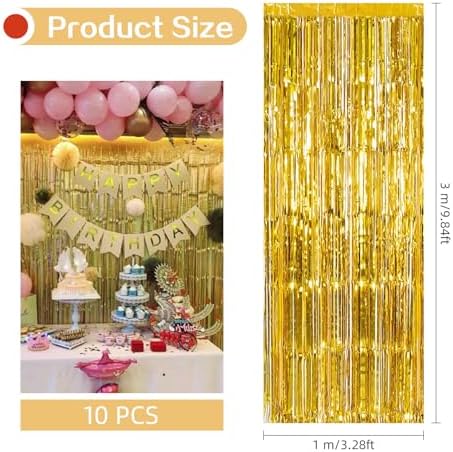 10 Pack Gold Foil Curtain Backdrop 3.2ft x 9.8ft Gold Metallic Tinsel Foil Fringe Curtains Streamer Photo Booth Backdrop for Birthday Party Engagement Bachelorette Party Decorations (Gold)