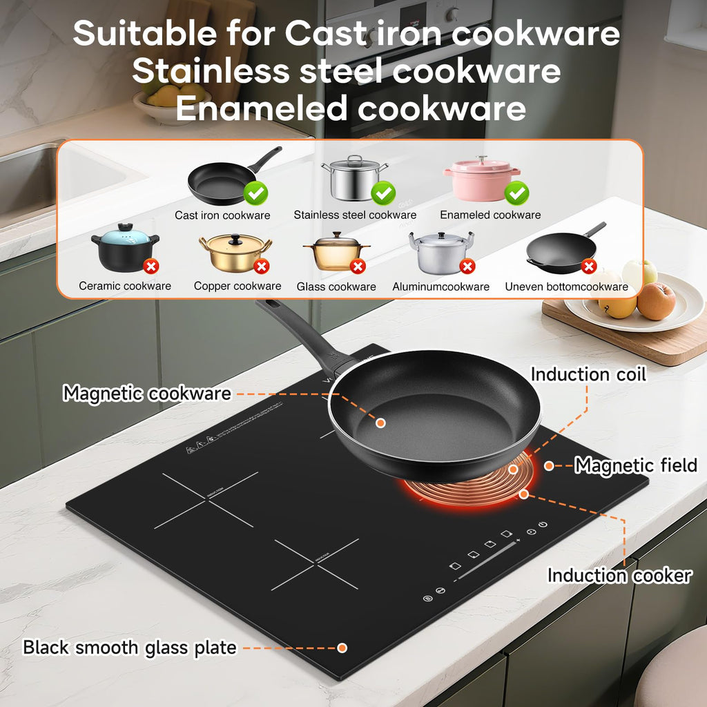 1200W Portable Induction Cooktop, Single Burner Electric Stove, Magnetic Cookware Compatible, Touch Control, 8 Power Levels, Timer, Black Crystal Glass Surface