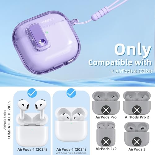(with Safety Lock) Clear Case Compatible with AirPods 4th Generation Case with Cleaner Kit,Soft TPU Transparent AirPods 4 Case,Full Protection Cover with Lanyard for AirPods 4 Gen (2024) (USB-C)Purple