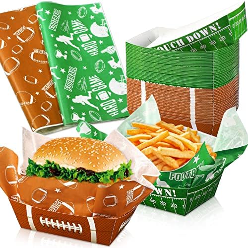 100 Pcs Football Party Decoration 1.1 lb 50 Football Paper Food Serving Trays with 50 Grease Resistant Liner Papers for Birthday Party Supplies Sport Game Event Favors