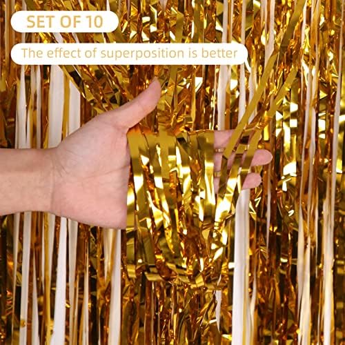 10 Pack Gold Foil Curtain Backdrop 3.2ft x 9.8ft Gold Metallic Tinsel Foil Fringe Curtains Streamer Photo Booth Backdrop for Birthday Party Engagement Bachelorette Party Decorations (Gold)
