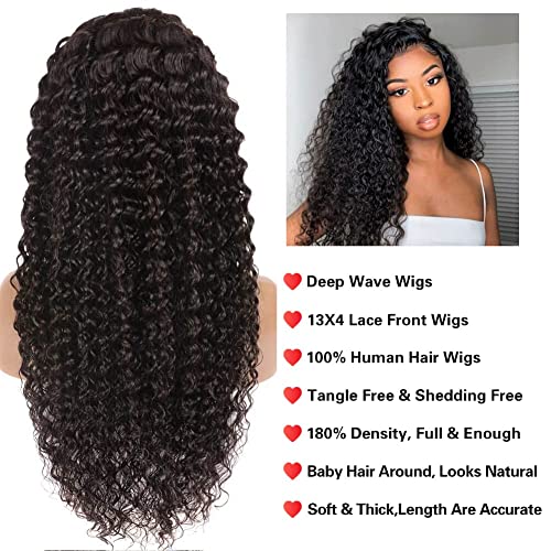 13x4 HD Transparent Lace Front Wigs Human Hair with Baby Hair Bleached Knots Black Color 180% Density Brazilian Deep Wave Frontal Wig Curly Wigs for Black Women (26 Inch, Natural Black)