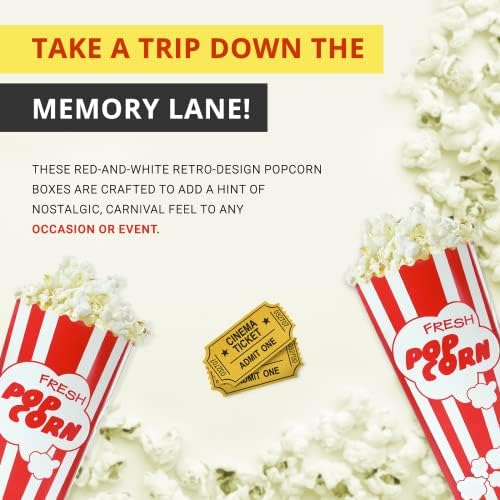 110 Movie Night Popcorn Paper Boxes Buckets 7.75 Inches Tall Large Box & Holds 46 Oz Old Fashion Vintage Retro Party Design Red & White Colored Nostalgic Carnival Stripes Bags & Tubs various qty avail