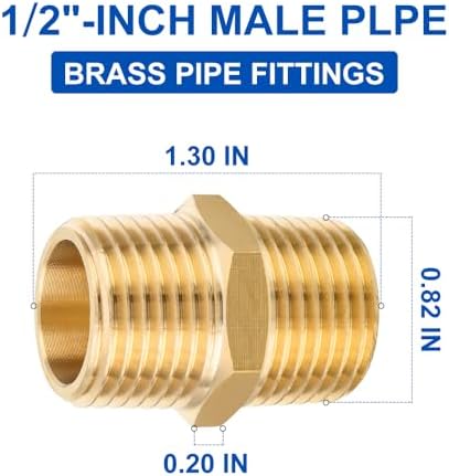 (Pack of 20) EFIELD Brass Pipe Fittings, 1/2-inch Male NPT Hex Nipple Adapter For Copper, Brass or Iron Pipe Connection
