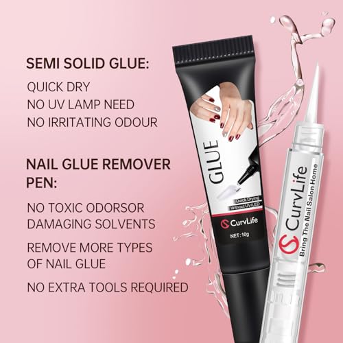 10g Semi Solid Nail Glue Gel with 5ml Nail Glue Remover Pen, No Need for Uv Light, Gel Glue for Press On Nails, Nail Glue Remover for Nails, Click&Remove Pen