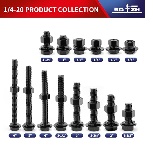 1/4-20 x 1/2" Hex Head Screw Bolt, Nuts, Flat & Lock Washers, 20Pcs 18-8 (304) Stainless Steel, Fully Threaded, Black Oxide by SG TZH