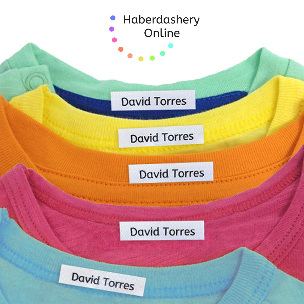 100 Iron-On Fabric Labels for Clothing: Custom Name Tags for School Uniforms, Elderly Garments, Jackets - Personalized, Washable, Eco-Friendly - 2.4x0.4 Inches
