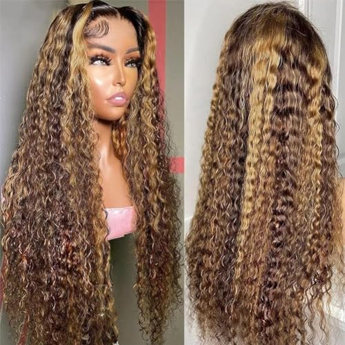 13x6 Highlight Lace Front Wig Human Hair 4/27 Ombre Deep Wave Lace Front Wig Human Hair Pre Plucked With Baby Hair 180% Density Honey Blonde Curly Human Hair Glueless Wigs for Women (28 inch)