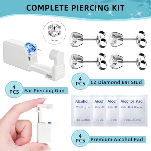 12 Pcs Ear Piercing Kit Disposable Ear Piercing Gun Kit with 4 Pcs 6 Prong Setting Cubic Zirconia Earrings Stud 316L Stainless Steel Easy to Use at Home Self Ear Piercer Gun Kit Tool, Silver