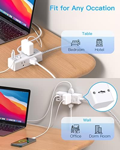 10 Ft Power Strip Surge Protector, Extension Cord with 6 Widely Outlets 3 USB Ports (1 USB C), 3-Side Outlet Extender Strip, Flat Plug, Wall Mount Small Power Strip for Travel Home Office College Dorm