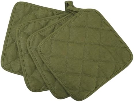 100% Linen Pot Holders for Kitchen Set of 4, Double Linen Layer, Cotton Lining & Hanging Loop, Heat Resistant Hot Pads Pot Holders for Cooking Kitchenaid- Green