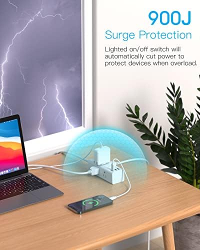 10 Ft Power Strip Surge Protector, Extension Cord with 6 Widely Outlets 3 USB Ports (1 USB C), 3-Side Outlet Extender Strip, Flat Plug, Wall Mount Small Power Strip for Travel Home Office College Dorm