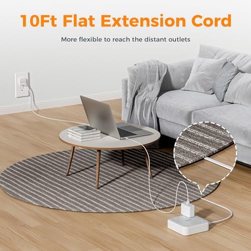 10 FT Surge Protector Power Strip, TESSAN Extension Cord Flat Plug with 4 Widely Outlets Extender, Indoor Desk Charging Station with Surge Protection for Home, Office Supplies, Dorm Room Essentials