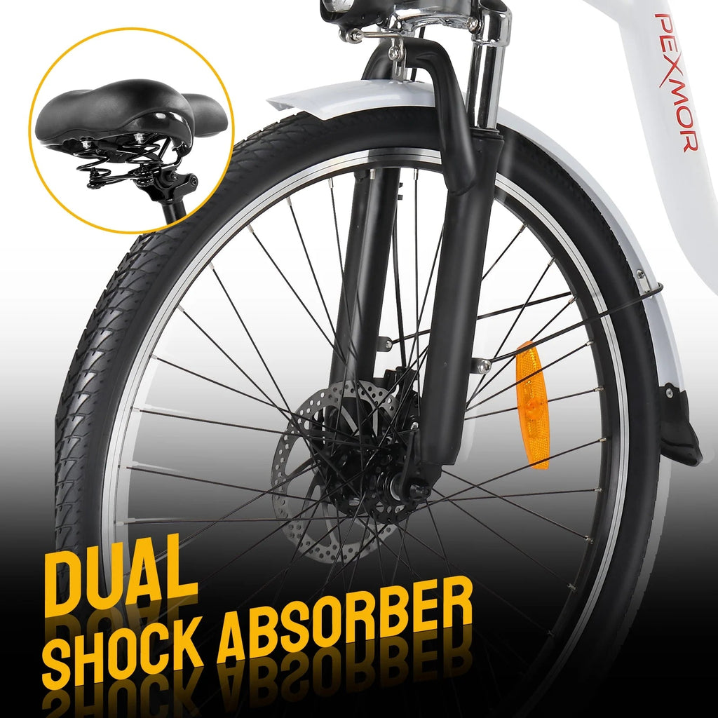 PEXMOR Electric Bike for Adults 350W (Peak 500W) City Commuter Ebike 36V 12.5AH Removable Battery 26" Cruiser Electric Bicycle Shimano 6-Speed | Dual Shock Absorber | Basket