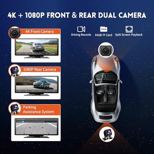 10.26" HD Wireless Android & Carplay Screen for Car, Portable Touchscreen Car Stereo with 4K Dash Cam, 1080P Backup Camera, Bluetooth, AUX/FM, Siri, Mirror Link, GPS Navigation