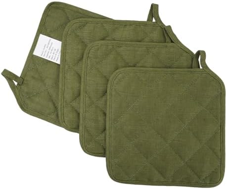 100% Linen Pot Holders for Kitchen Set of 4, Double Linen Layer, Cotton Lining & Hanging Loop, Heat Resistant Hot Pads Pot Holders for Cooking Kitchenaid- Green