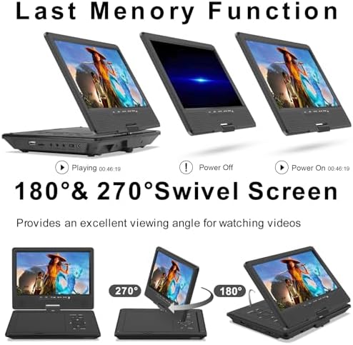 12.5" Portable DVD Player, Bluetooth Headrest Video Players with 10.1" Swivel Screen, 5 Hours Rechargeable Battery, DVD Player for car, Regions Free, Car DVD Player Supports SD/USB/Sync TV