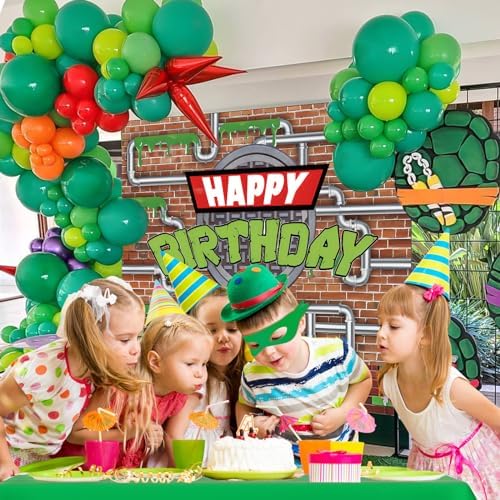 153Pcs Turtle Birthday Party Decorations Supplies Kids Teen, Green Turtle Balloon Arch with Backdrop Tablecloth Googly Eye Long Balloons, Girls Boys Video Game Cartoon Turtle Birthday Decorations