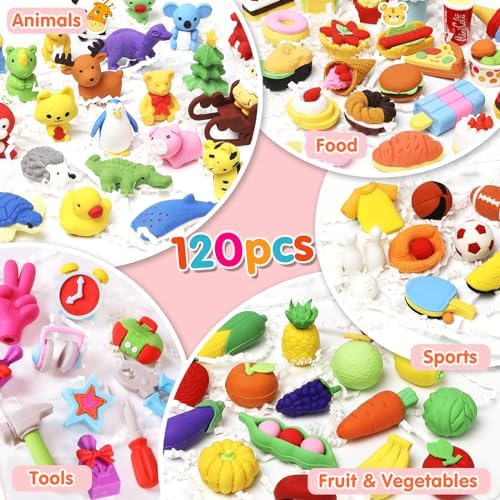 120 Pack Animal Pencil Erasers for Kids - Bulk Desk Pet Toy 3D Mini Puzzle Erasers Take Apart Treasure Box Toys Game Prize Party Favors Gift Classroom Prize Reward Back to School Supplies