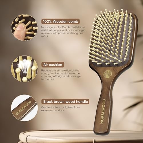 100% Natural Wood Hair Brush for Massaging Scalp, Hair Growth,for All Hair Types, Wooden Bristle Hairbrush to Reduce Hair Damage, Perfect for Women, Men & Kids.