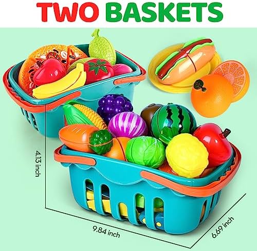 100 PCS Cutting Play Food Toy for Kids Kitchen, Pretend Food Toys for Toddlers, Play Kitchen Toys Accessories with 2 Baskets, Fake Food/Fruit/Vegetable, Birthday Gifts for 3 4 5 Years old Boys Girls